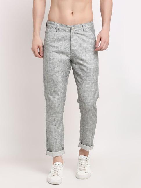 jainish grey cotton tapered fit checks trousers