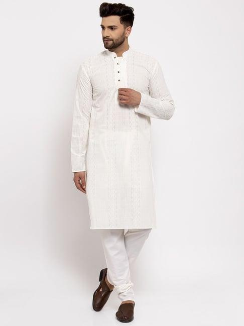 jompers white cotton regular fit embroidered kurta & churidar