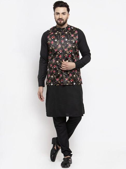 jompers black regular fit floral print kurta set & nehru jacket