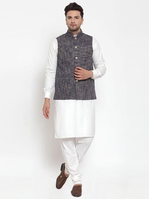 jompers blue regular fit self pattern kurta set & nehru jacket