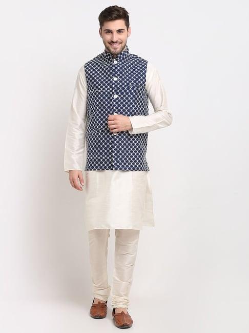 jompers navy regular fit embroidered kurta set & nehru jacket