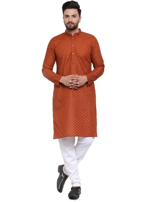 jompers brown cotton regular fit chikankari kurta & churidar