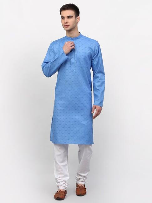 jompers blue cotton regular fit printed kurta & churidar