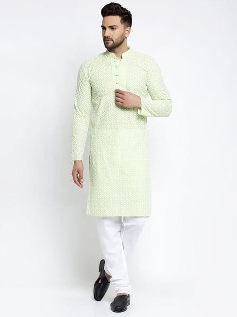 jompers green cotton regular fit embellished kurta & churidar