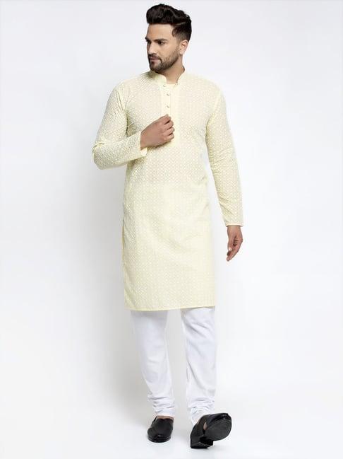 jompers yellow cotton regular fit embellished kurta & churidar