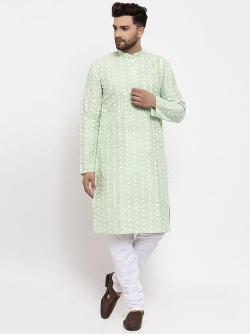 jompers green cotton regular fit embellished kurta & churidar