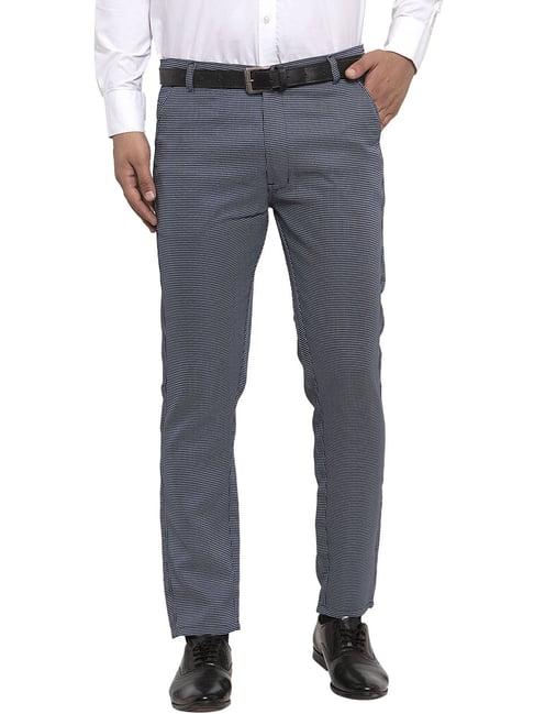 jainish navy cotton tapered fit self pattern flat front trousers