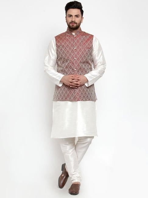 jompers maroon regular fit paisley kurta set & nehru jacket