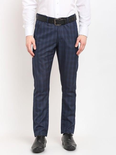 jainish navy cotton tapered fit checks flat front trousers