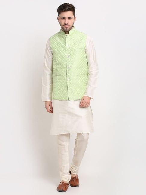 jompers green regular fit embroidered kurta set & nehru jacket