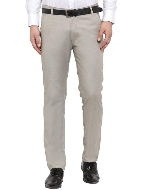 jainish grey cotton tapered fit flat front trousers