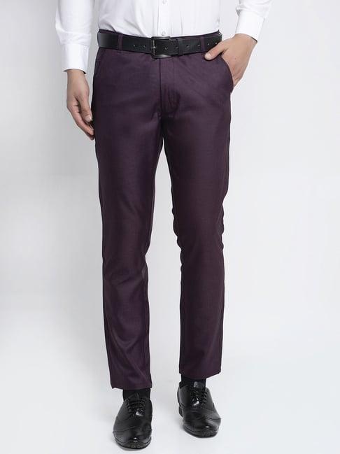 jainish purple cotton tapered fit flat front trousers