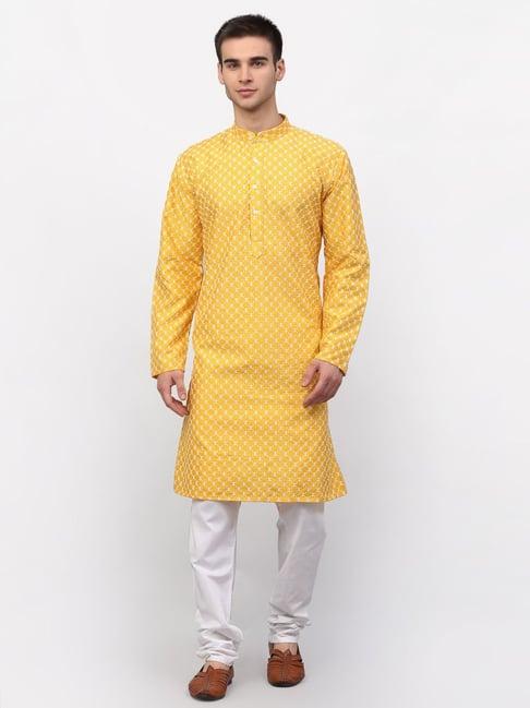 jompers yellow regular fit embellished kurta & churidar