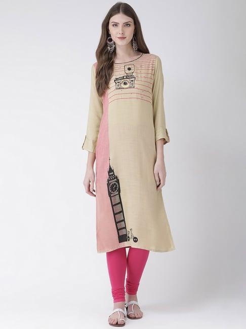 span beige cotton printed straight kurta