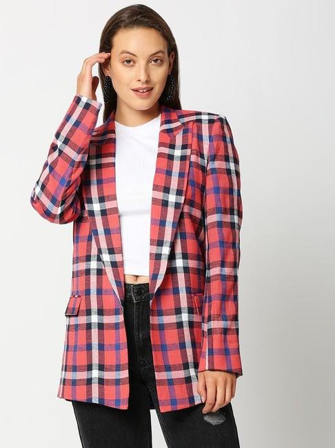 remanika red pure cotton chequered jacket