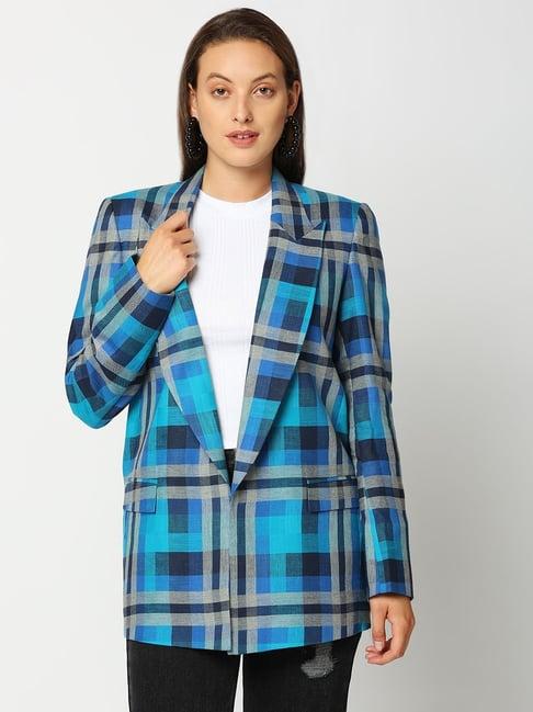 remanika blue pure cotton chequered jacket