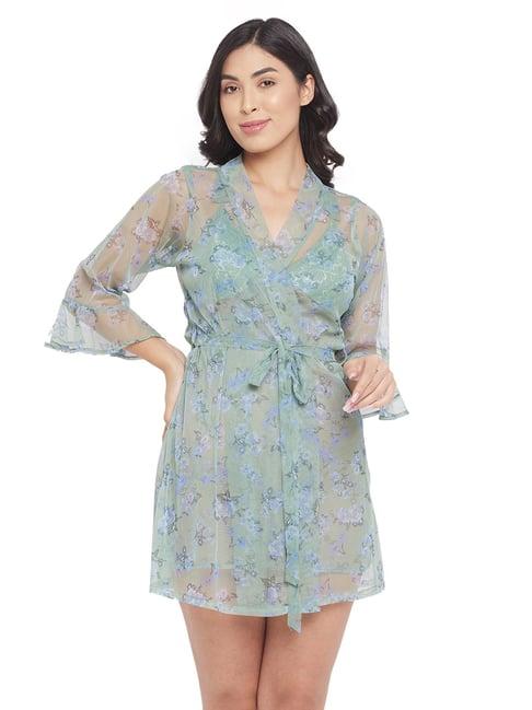 clovia green floral print robe