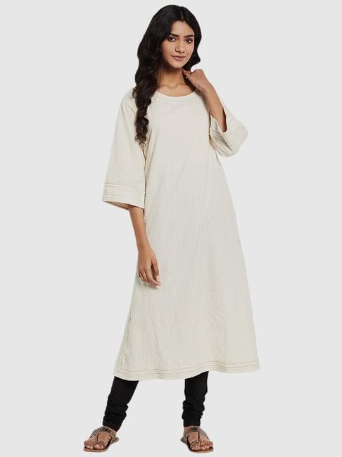 fabindia off-white cotton striped straight kurta