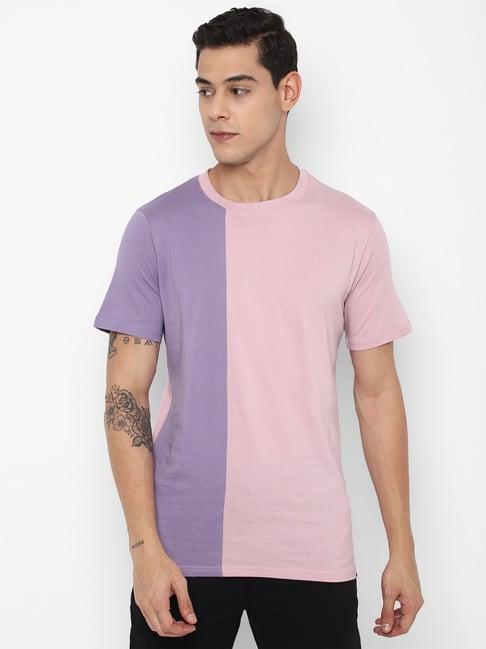 forever 21 light pink & purple colour-blocked regular fit t-shirt