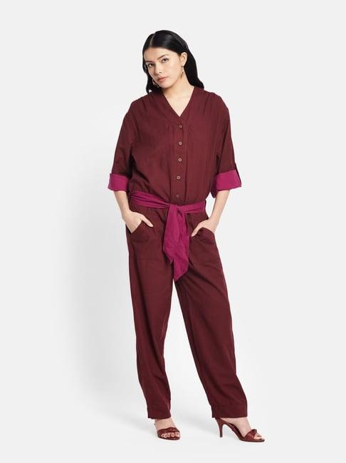 fabindia maroon v neck jumpsuit