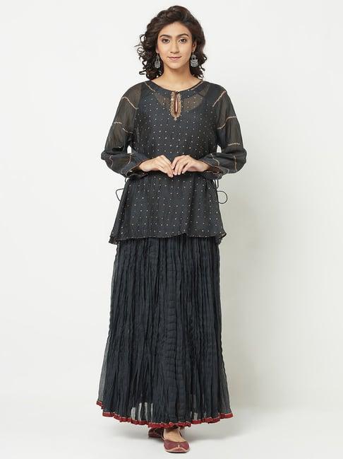 fabindia black printed tunic skirt set