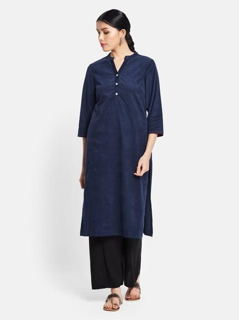 fabindia navy cotton straight kurta