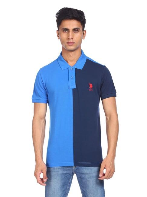 u.s. polo assn. blue cotton regular fit colour block polo t-shirt