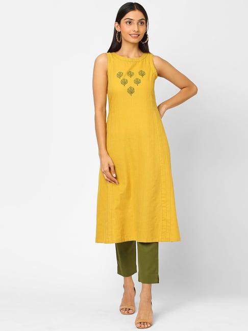 kami kubi yellow cotton printed a line kurta