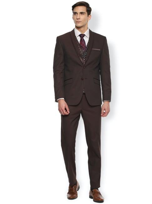 van heusen brown slim fit printed three piece suit