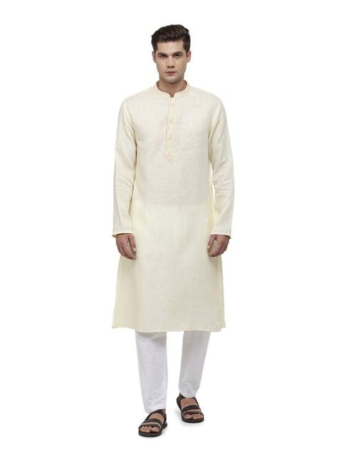 linen club light yellow  regular fit embroidered kurta