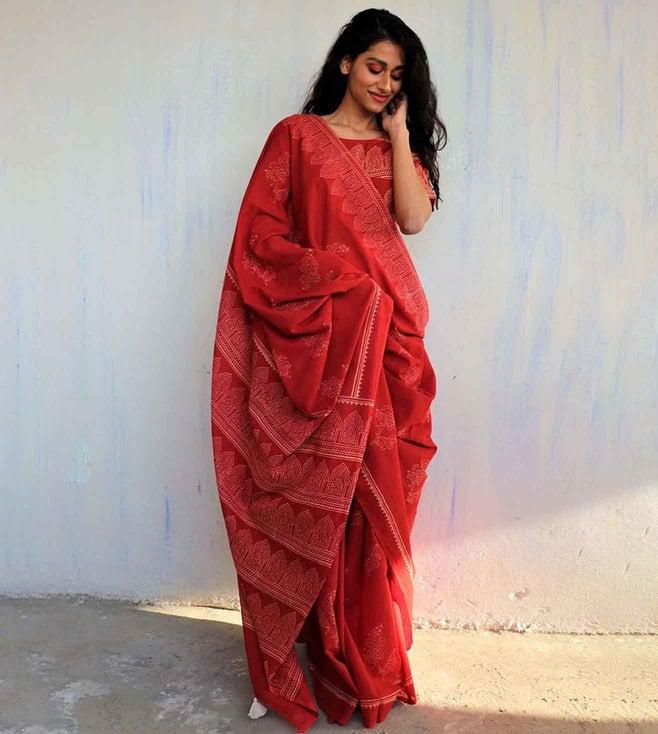 chidiyaa red block printed cotton mulmul saree - butterfly girls