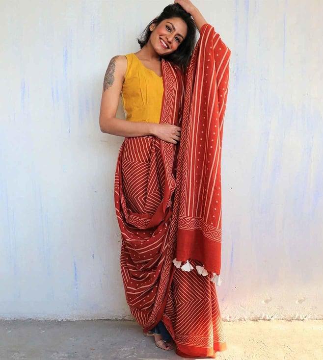 chidiyaa rust block printed cotton mulmul saree - butterfly girls