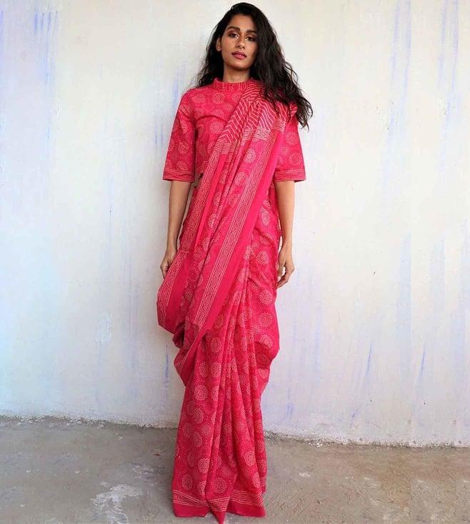 chidiyaa rani pink block printed cotton mulmul saree - butterfly girls