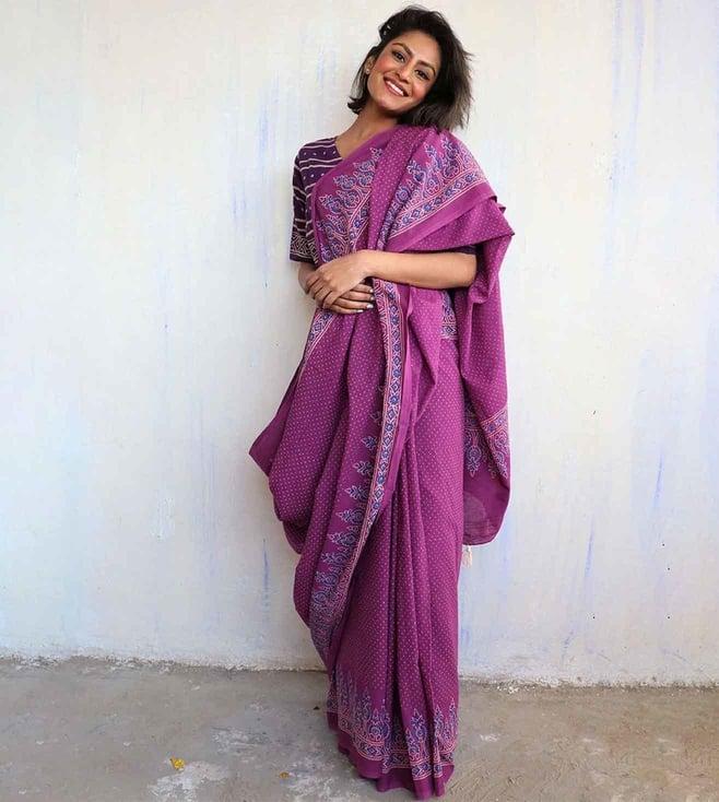 chidiyaa purple block printed cotton mulmul saree - butterfly girls