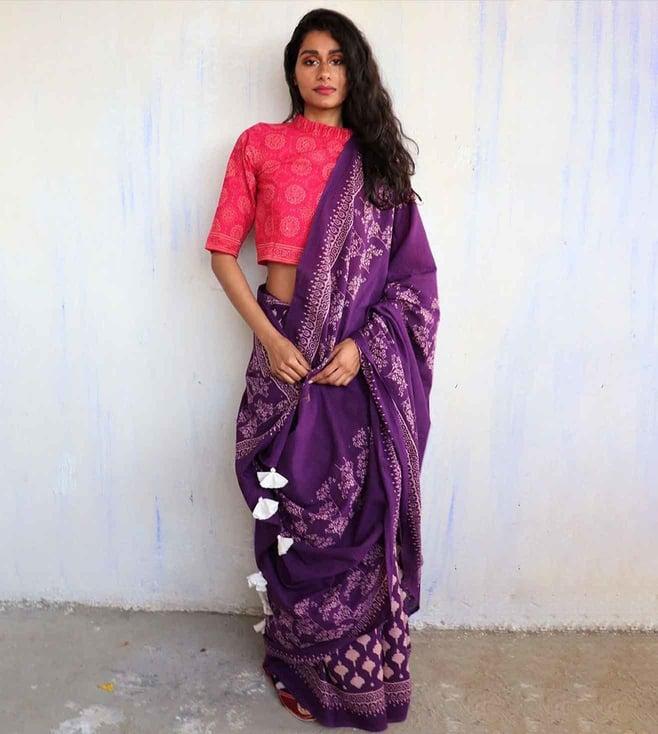 chidiyaa purple block printed cotton mulmul saree - butterfly girls