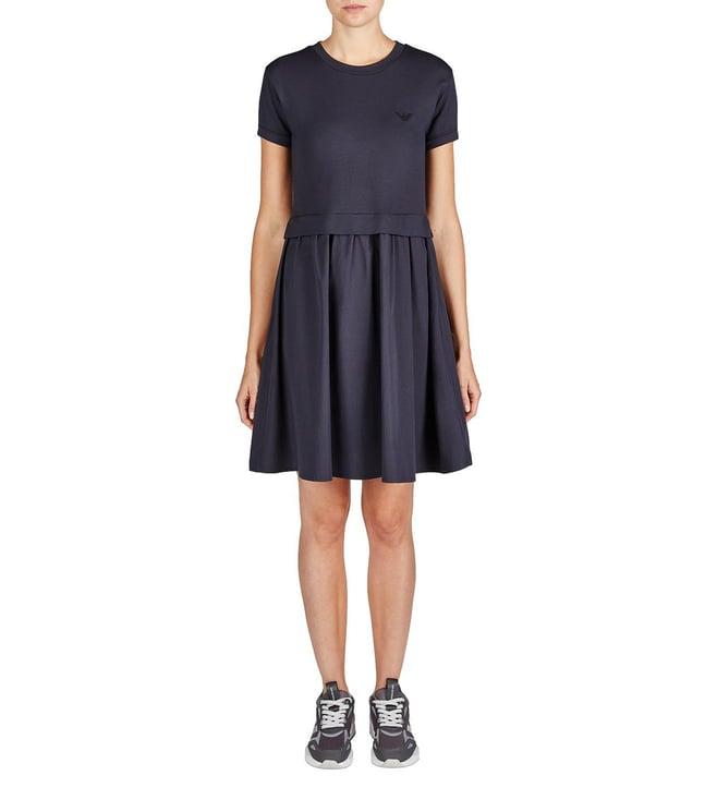 emporio armani blue navy milano pleated regular fit dress with flared skirt