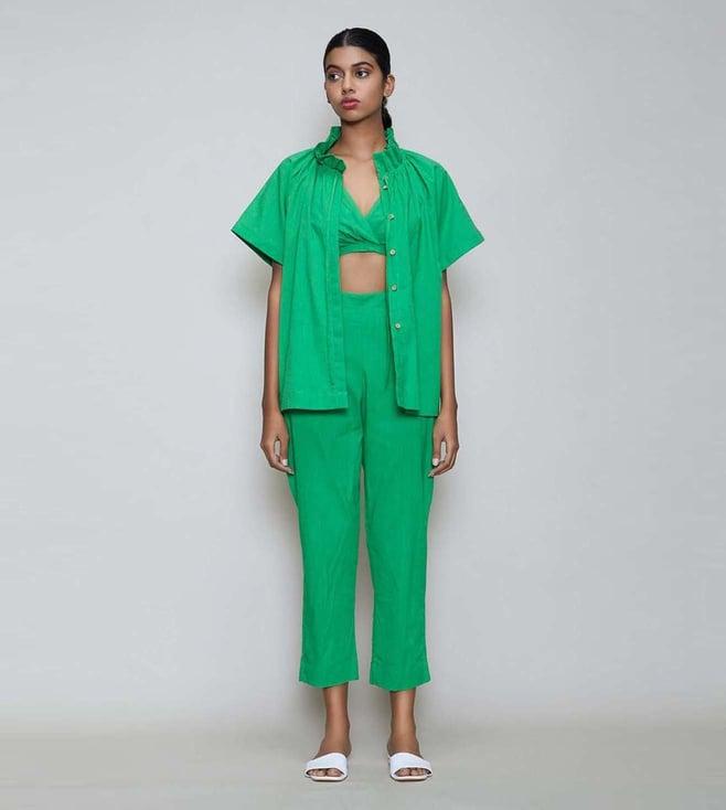 mati green tora shirt with bralette & pants (set of 3)