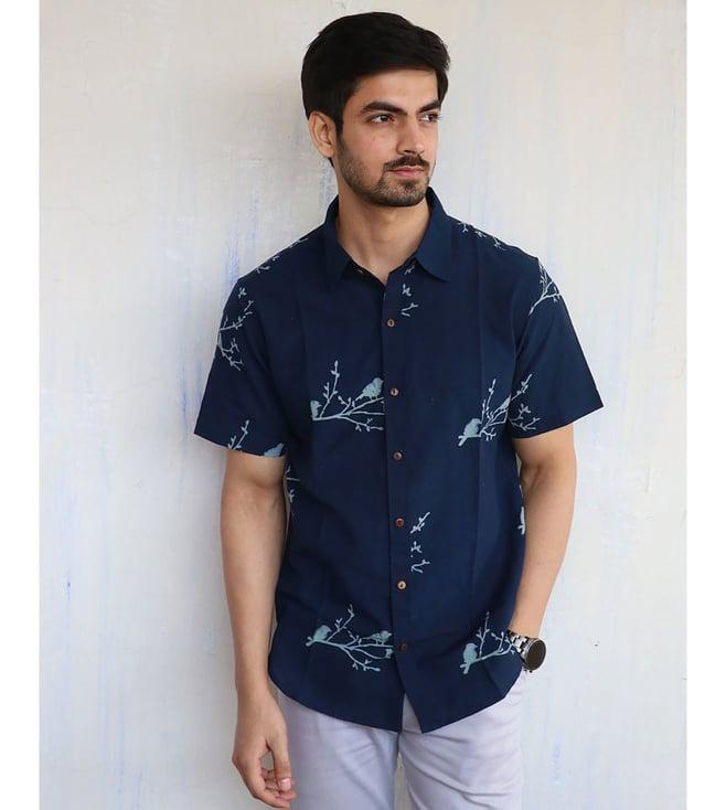 chidiyaa blue bird on branch block printed shirt