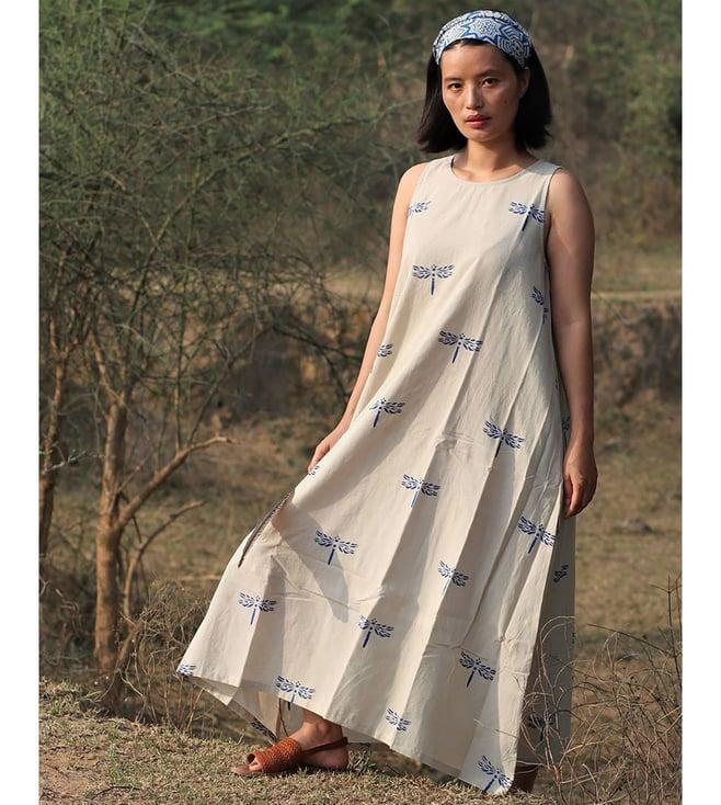 chidiyaa beige & blue block printed dragonfly dress