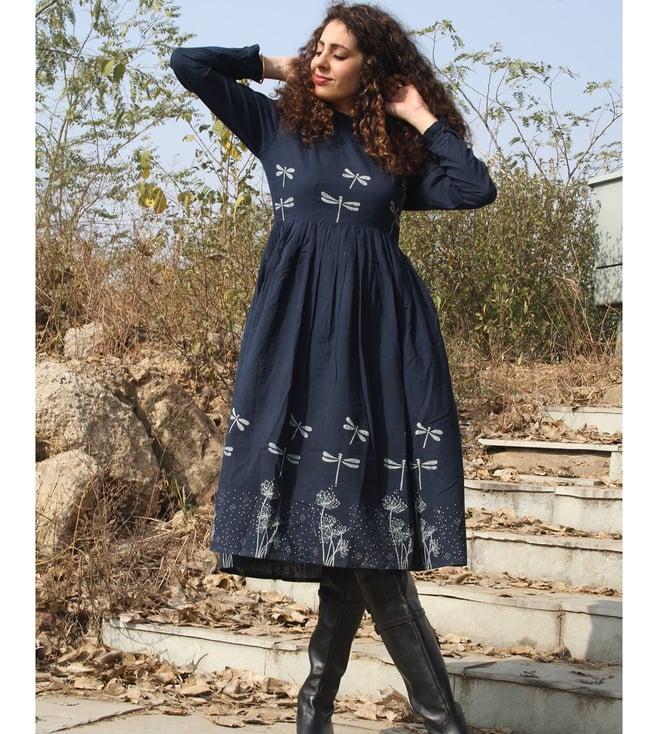 chidiyaa blue block printed dragonfly dress