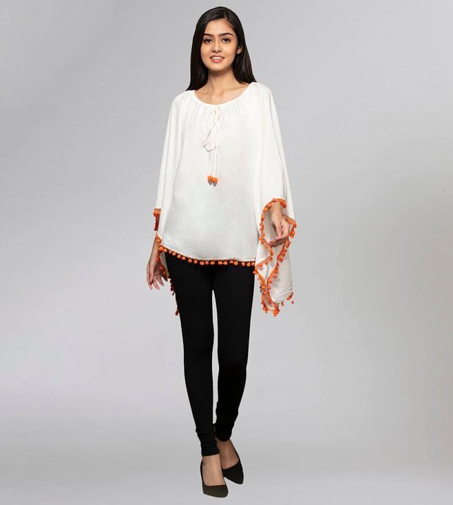 first resort by ramola bachchan white pom poncho top