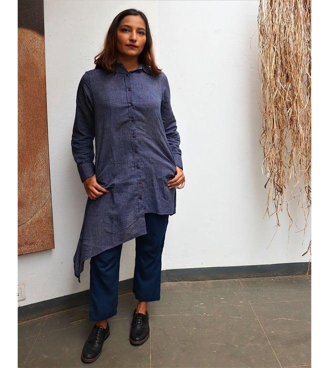 chidiyaa indigo striped asymmetric mog kurta