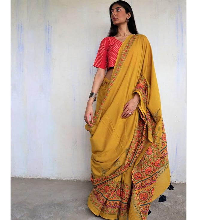 chidiyaa mustard block printed ajooni saree