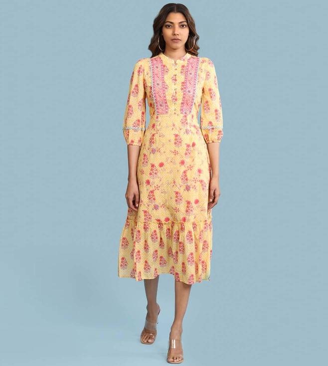 aarke ritu kumar band collar 3/4 sleeeve printed tiered dress