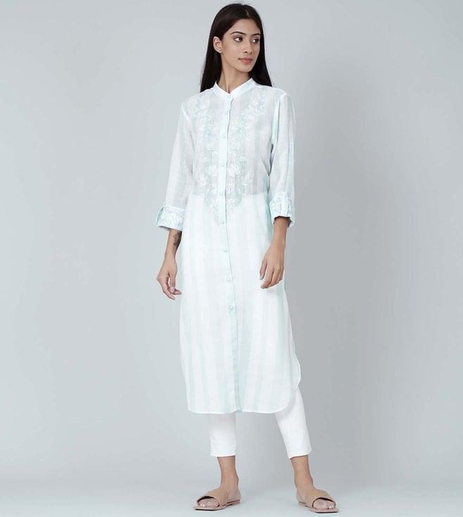 first resort by ramola bachchan white and green embroidered shirt style kurti