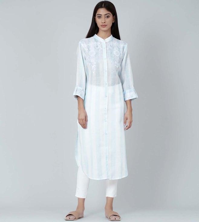 first resort by ramola bachchan white and blue embroidered shirt style kurti