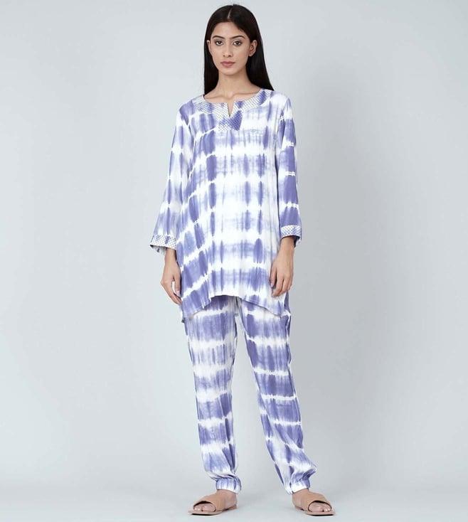 first resort by ramola bachchan blue and white tie-dye lounge set