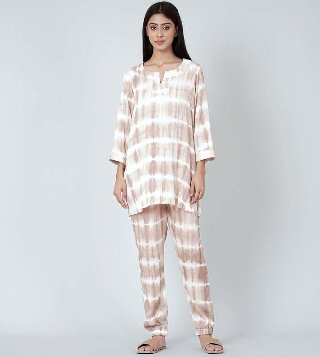 first resort by ramola bachchan beige and white tie-dye lounge set