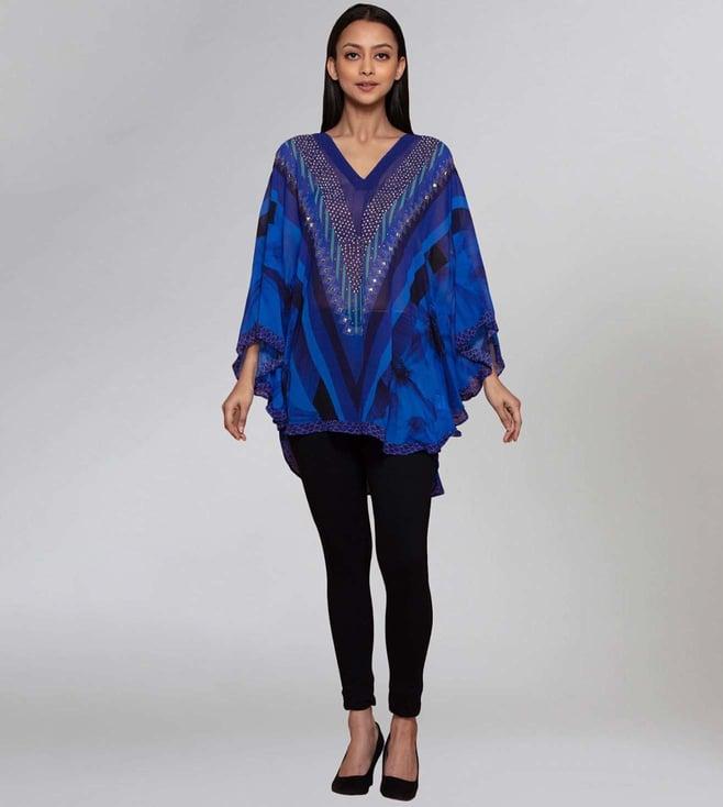 first resort by ramola bachchan blue embellished floral tunic