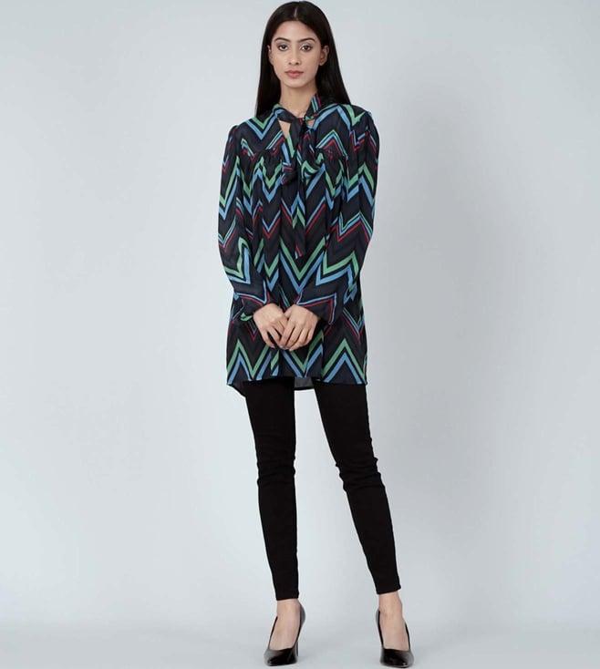 first resort by ramola bachchan blue and green chevron tie-neck top